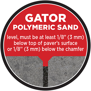 Alliance Gator’s polymeric sand level must be at least ⅛” (3 mm) below the top of the paver’s surface or ⅛” (3 mm) below the chamfer.
