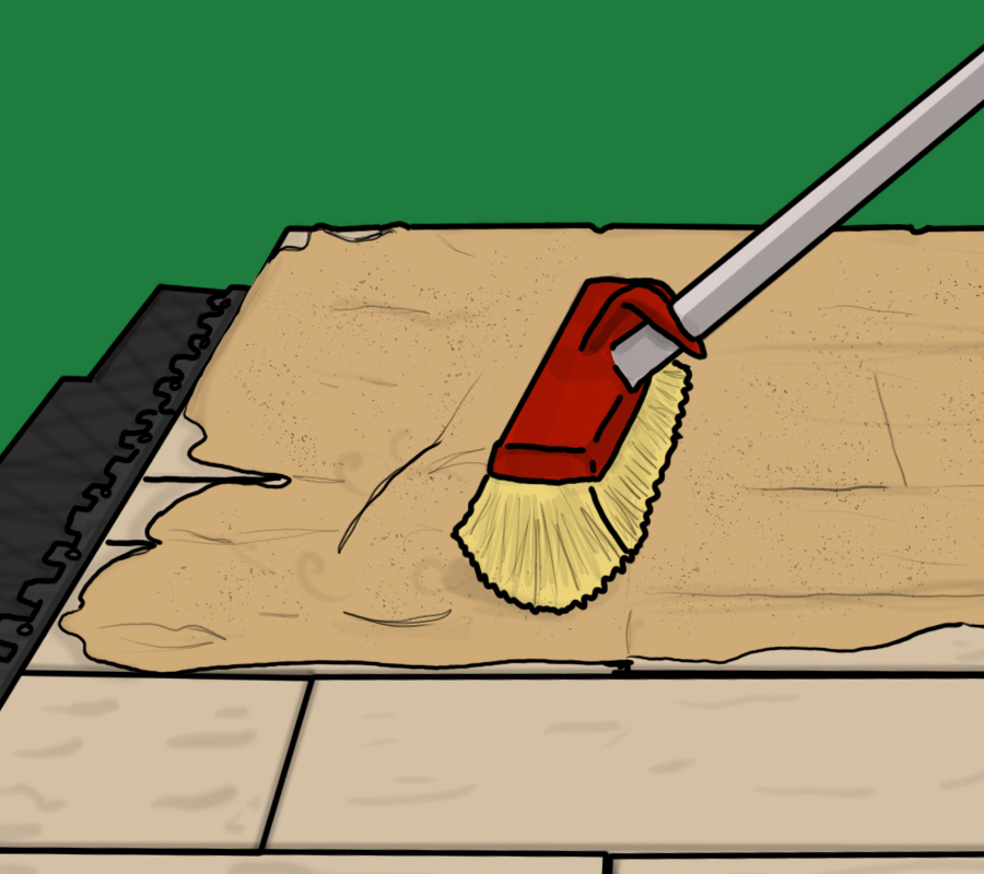 Step 5 of installation instructions for Gator Maxx Sand. Sweep off any excess sand from the surface with a hard-bristle broom and then a soft bristle broom. While maintaining the proper level in the joints.